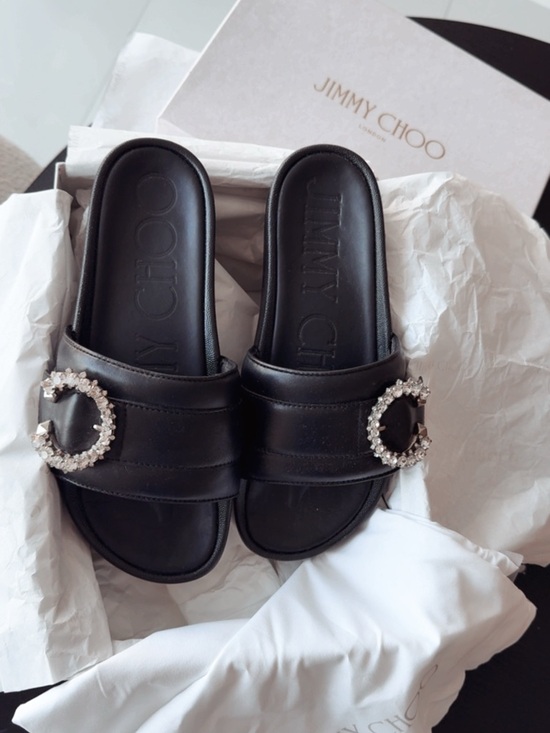 Jimmy Choo Shoes - Jimmy Choo Black Leather Crystal Buckle Slide Sandals